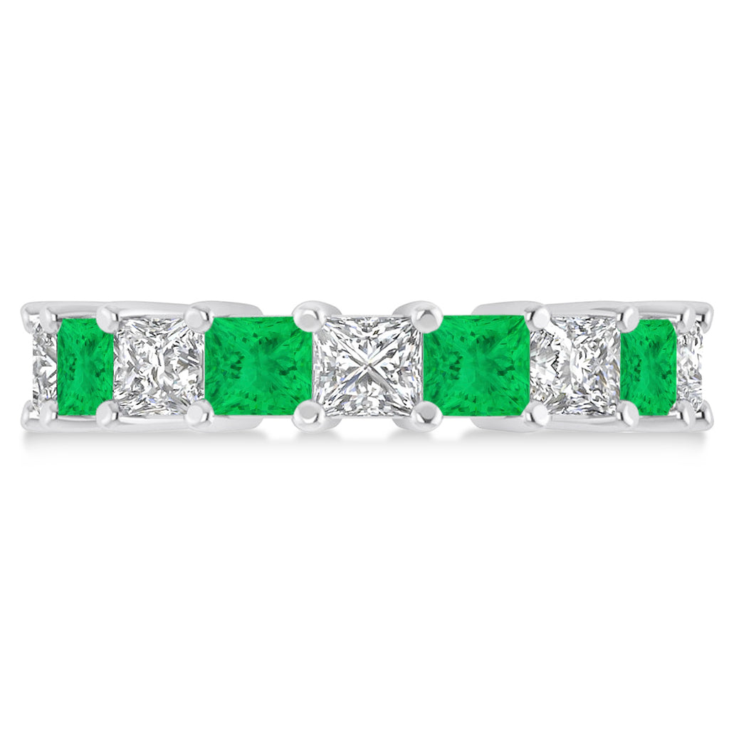 Princess Diamond & Emerald Wedding Band 14k White Gold (5.94ct)