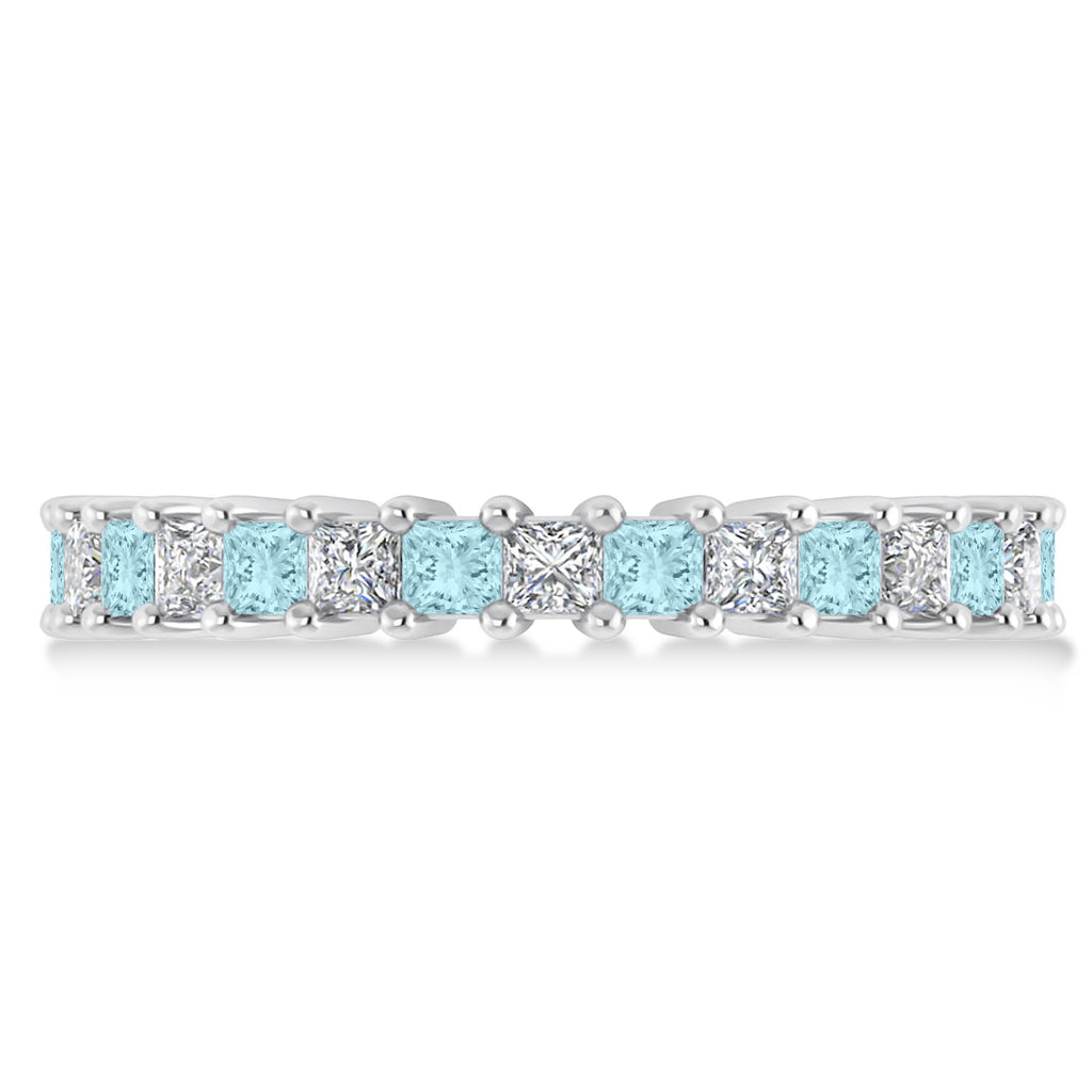Princess Diamond & Aquamarine Wedding Band 14k White Gold (2.32ct)