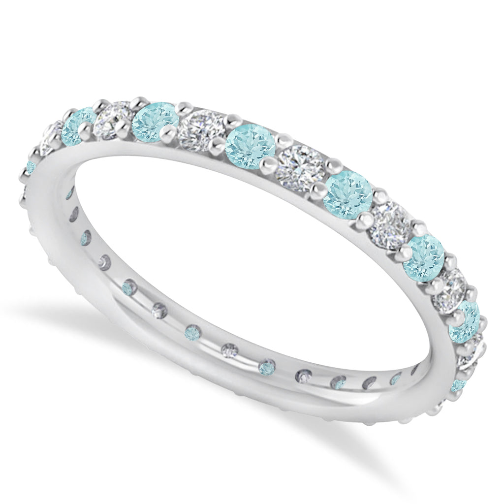Diamond & Aquamarine Eternity Wedding Band 14k White Gold (0.87ct)