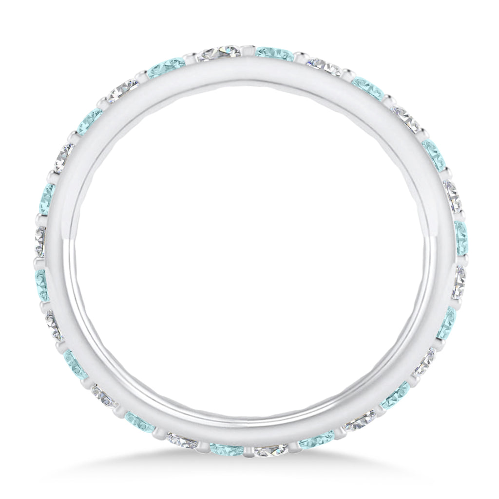 Diamond & Aquamarine Eternity Wedding Band 14k White Gold (0.87ct)