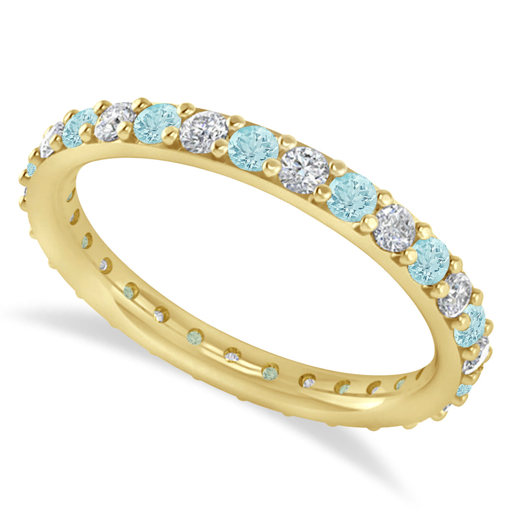 Diamond & Aquamarine Eternity Wedding Band 14k Yellow Gold (0.87ct)