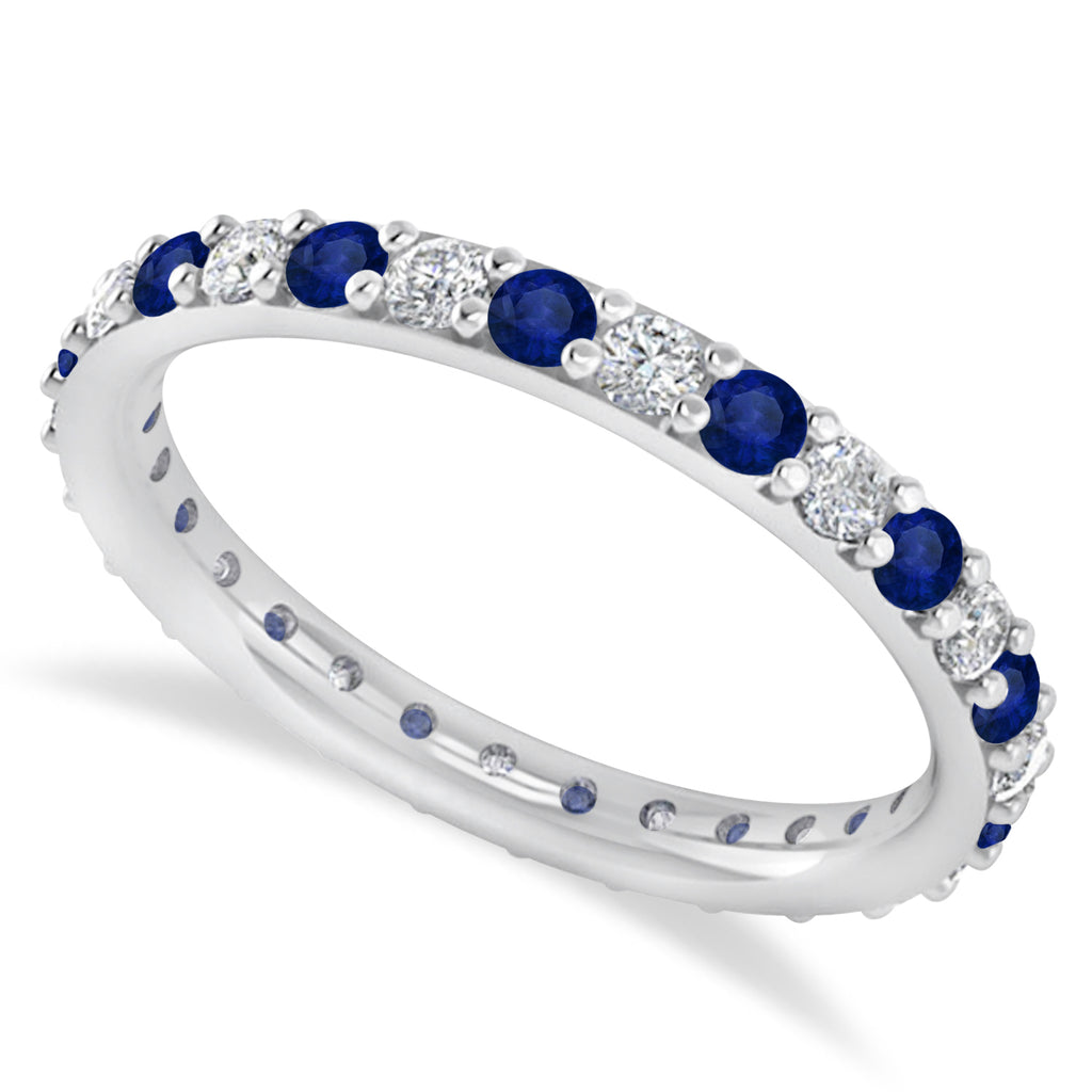 Diamond & Blue Sapphire Eternity Wedding Band 14k White Gold (0.87ct)