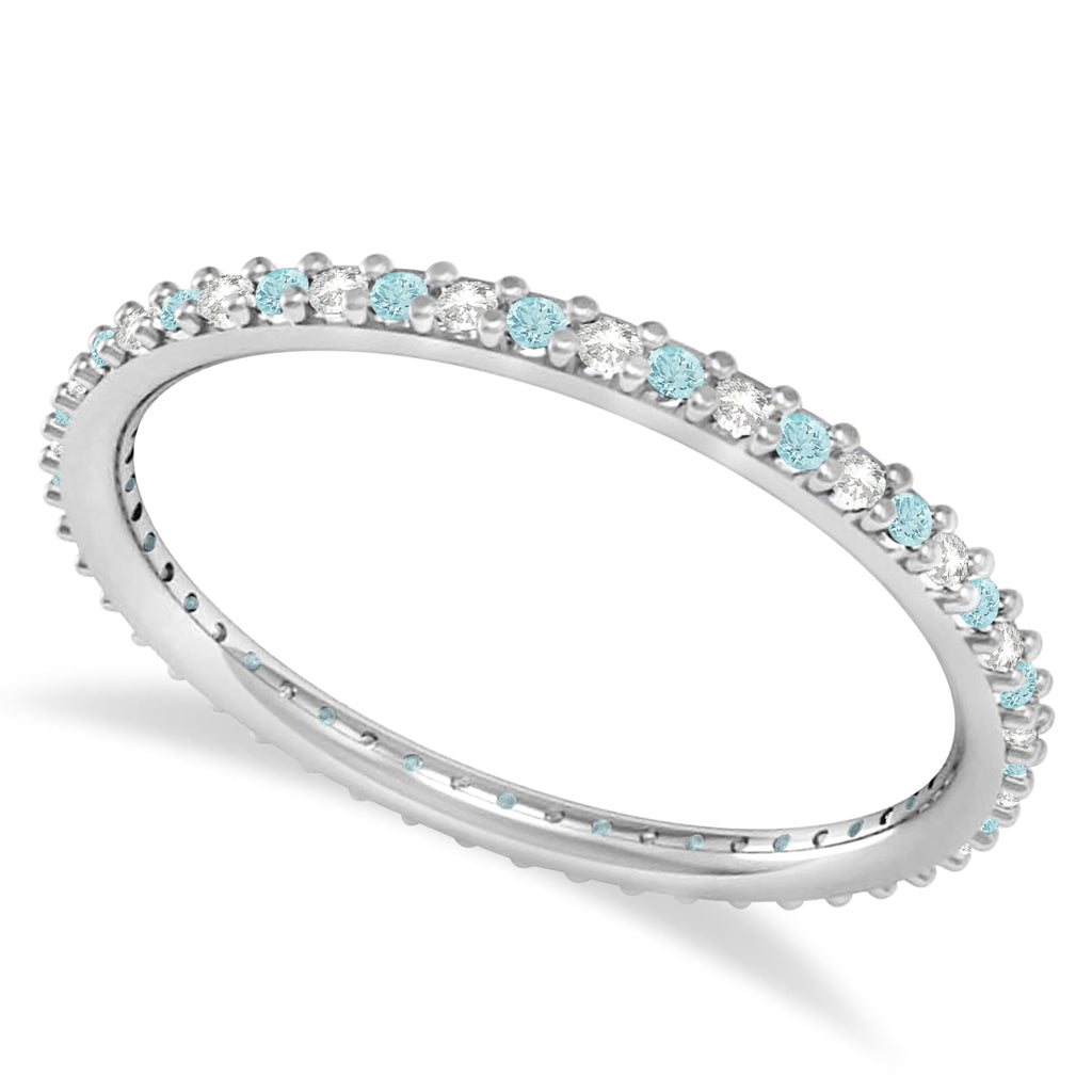 Petite Diamond & Aquamarine Eternity Wedding Band 14k White Gold (0.25ct)