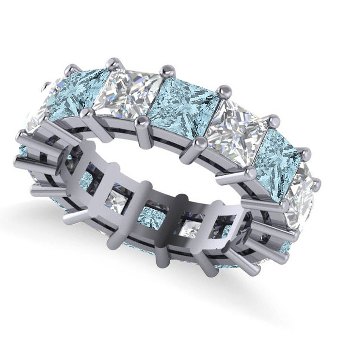 Princess Diamond & Aquamarine Wedding Band 14k White Gold (10.08ct)