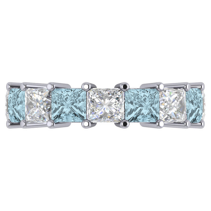 Princess Diamond & Aquamarine Wedding Band 14k White Gold (10.08ct)