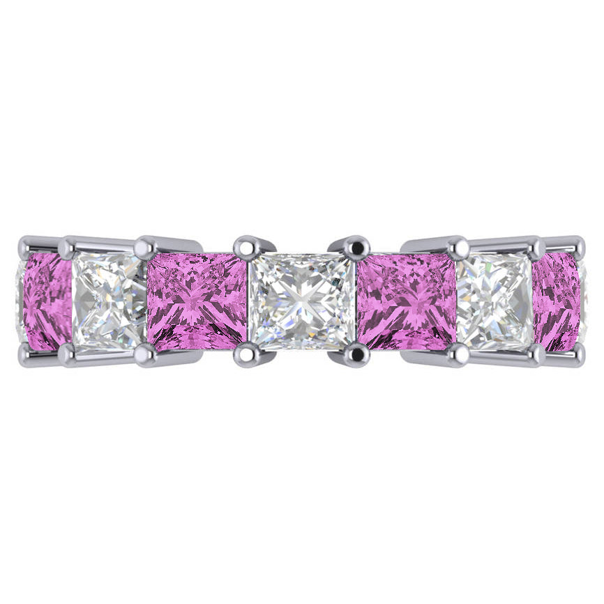 Princess Diamond & Pink Sapphire Wedding Band 14k White Gold (10.08ct)