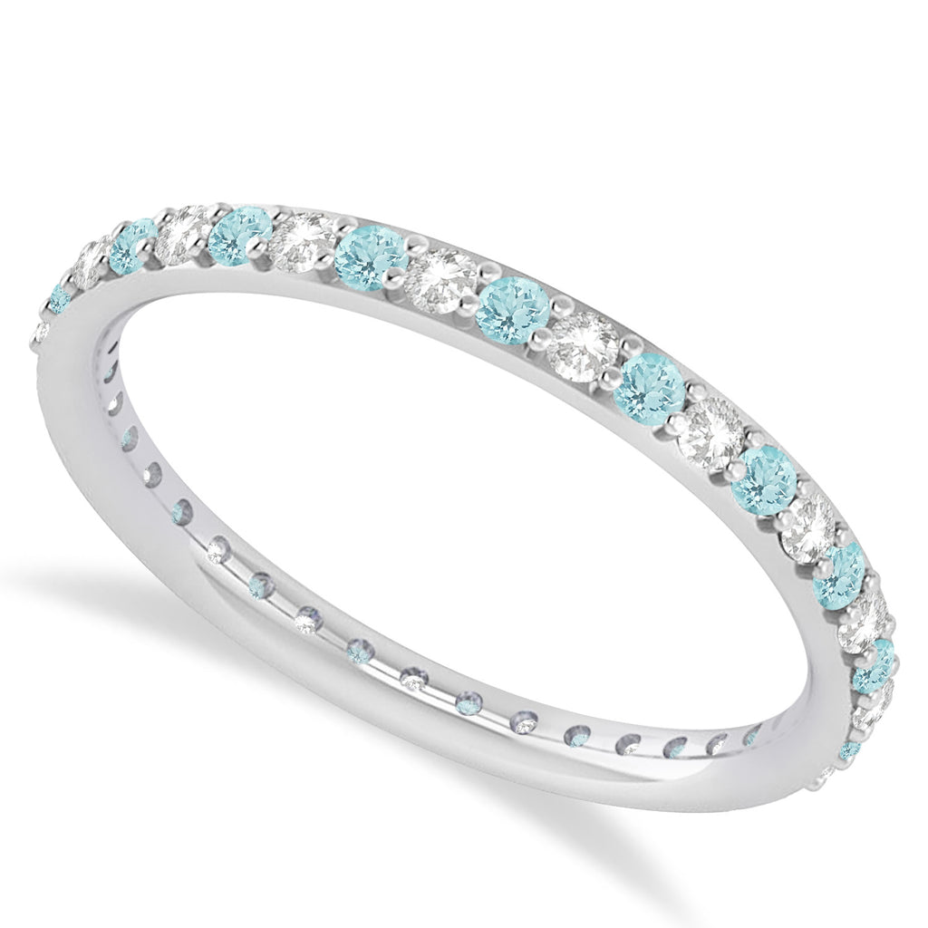 Diamond & Aquamarine Eternity Wedding Band 14k White Gold (0.57ct)
