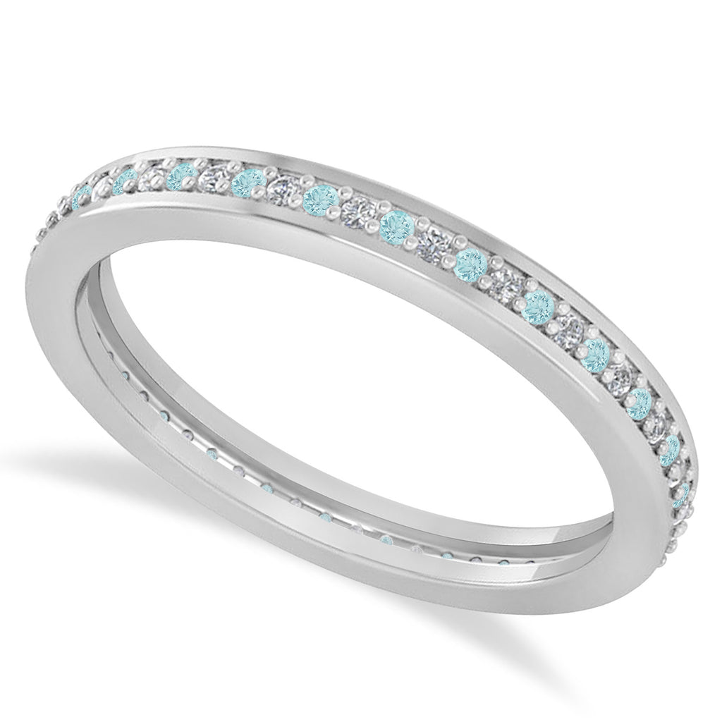 Diamond & Aquamarine Eternity Wedding Band 14k White Gold (0.28ct)