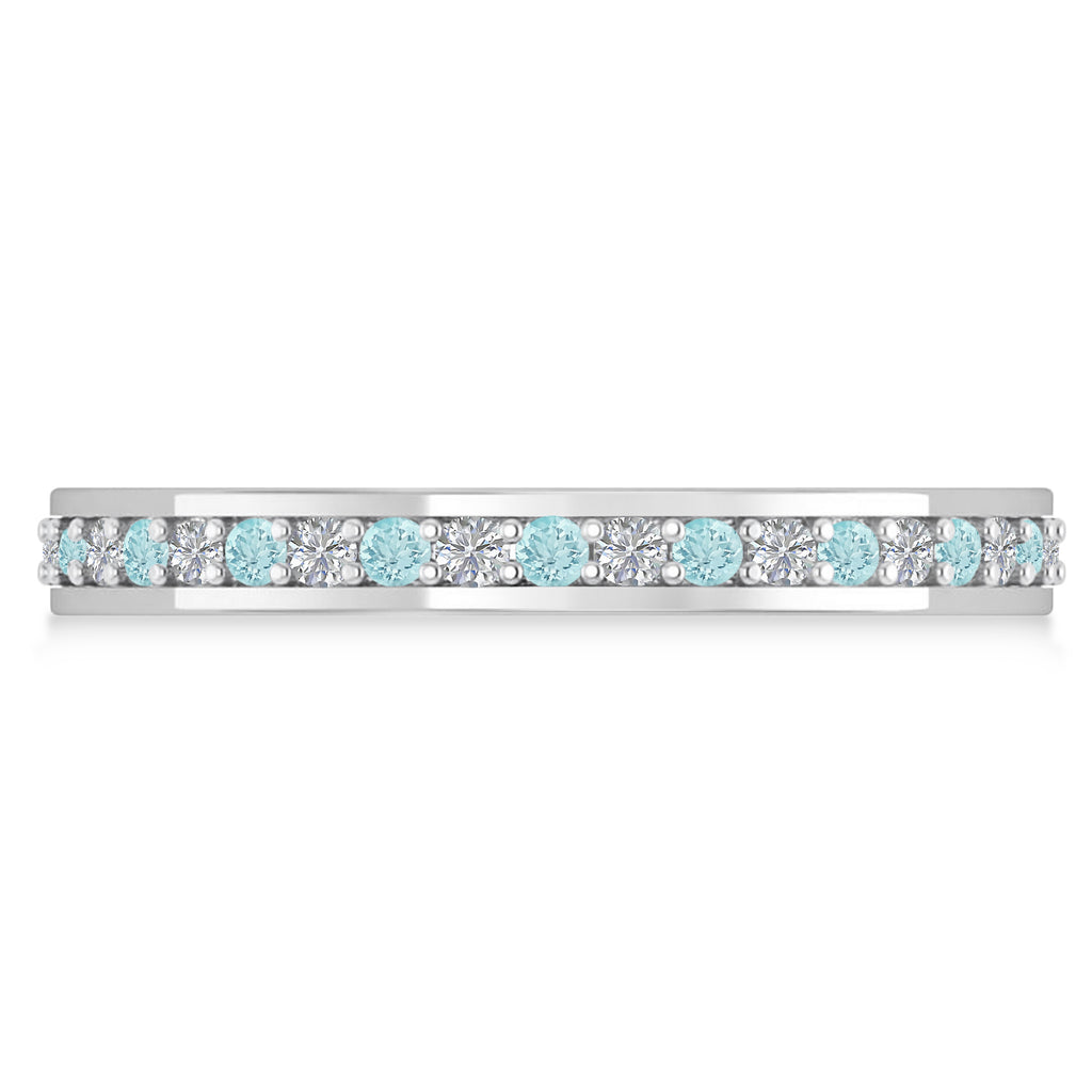 Diamond & Aquamarine Eternity Wedding Band 14k White Gold (0.59ct)