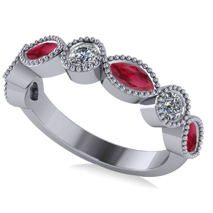 Marquise & Round Diamond & Ruby Band 14k White Gold (0.90ct)