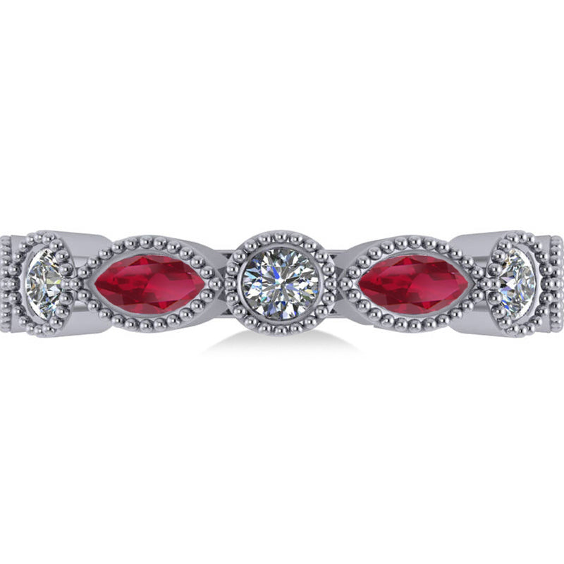 Marquise & Round Diamond & Ruby Band 14k White Gold (0.90ct)