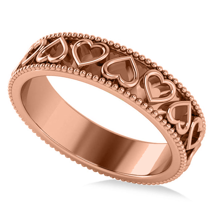 Carved Heart Shaped Wedding Ring Band 14k Rose Gold
