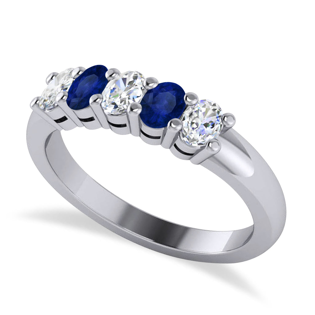 Oval Diamond & Blue Sapphire Five Stone Ring 14k White Gold (1.00ct)