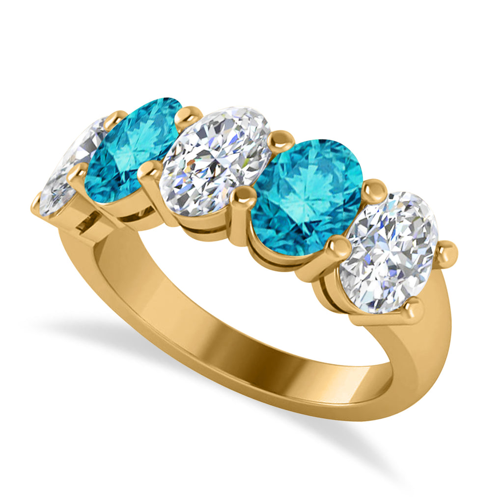 Oval Blue & White Diamond Five Stone Ring 14k Yellow Gold (5.00ct)