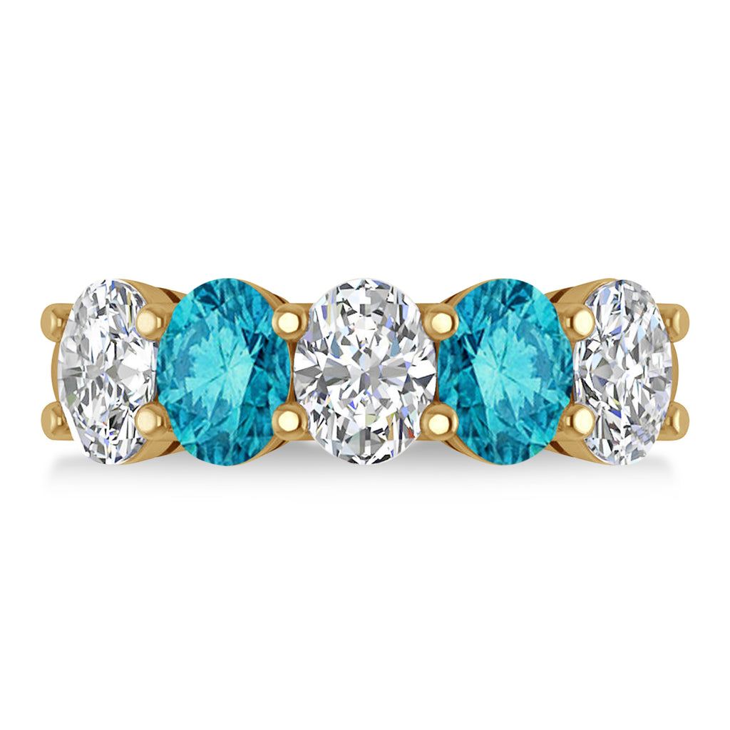 Oval Blue & White Diamond Five Stone Ring 14k Yellow Gold (5.00ct)