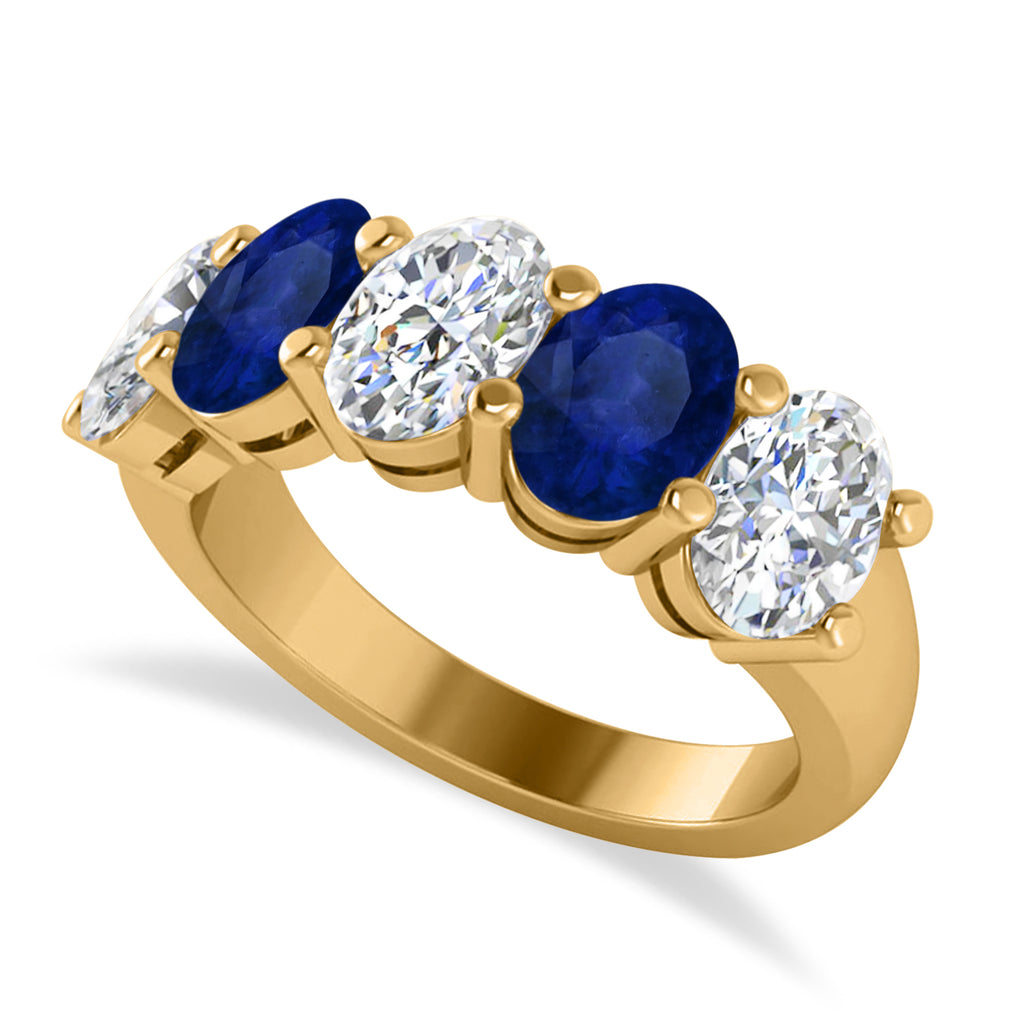 Oval Diamond & Blue Sapphire Five Stone Ring 14k Yellow Gold (5.00ct)