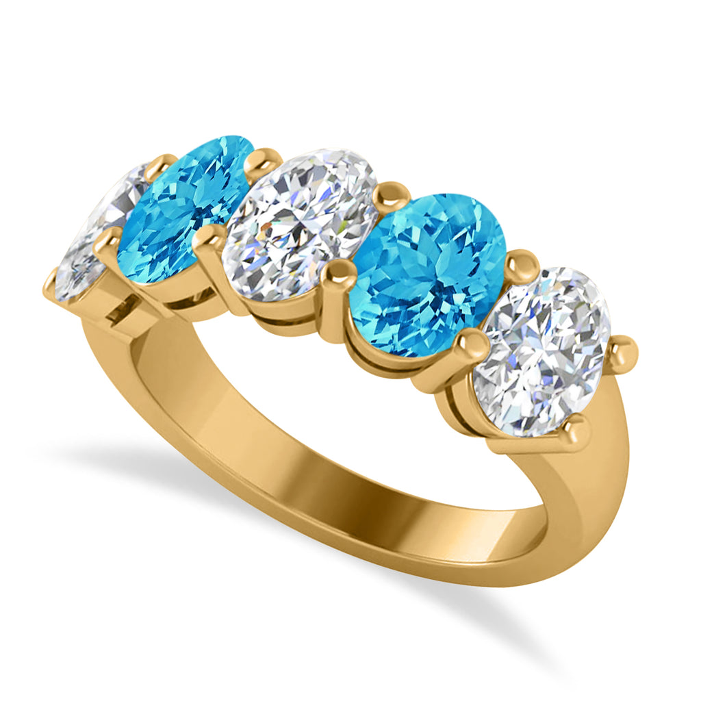Oval Diamond & Blue Topaz Five Stone Ring 14k Yellow Gold (5.20ct)