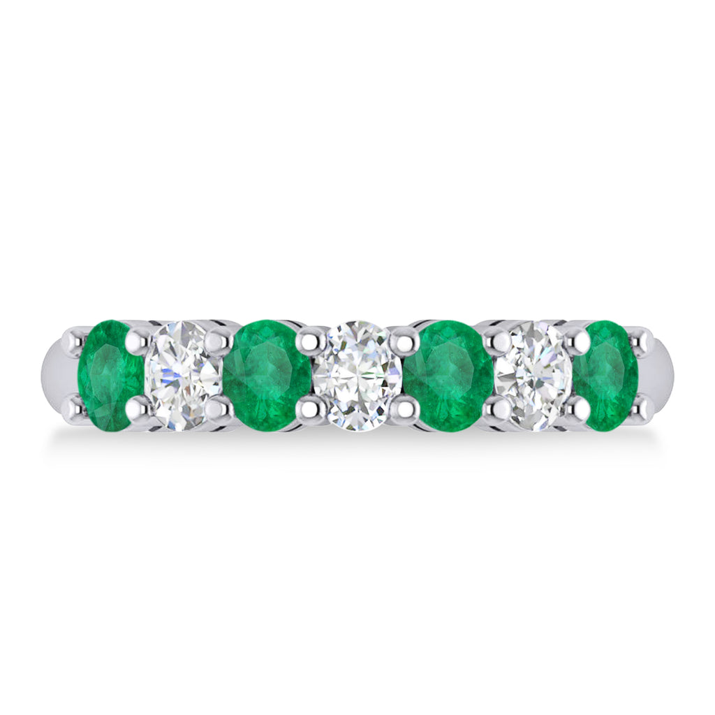 Oval Diamond & Emerald Seven Stone Ring 14k White Gold (1.40ct)