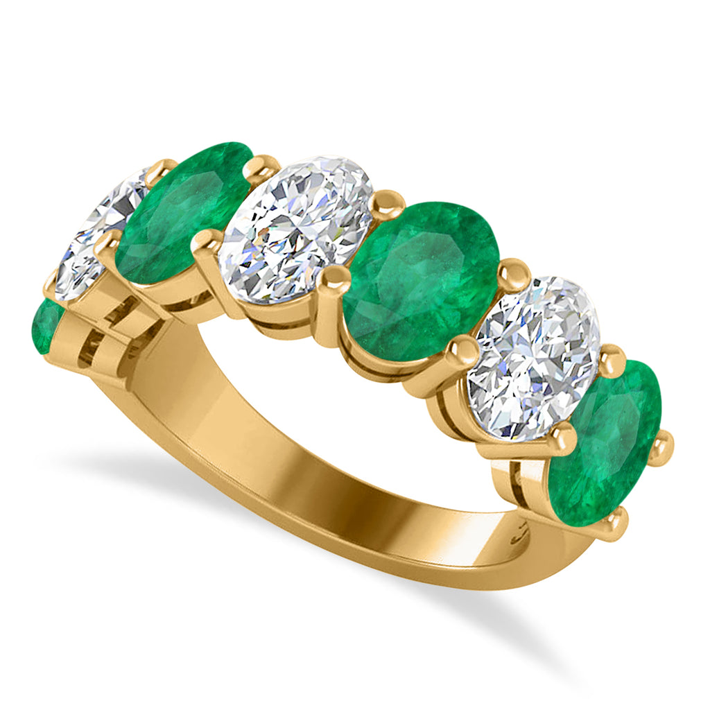 Oval Diamond & Emerald Seven Stone Ring 14k Yellow Gold (6.40ct)