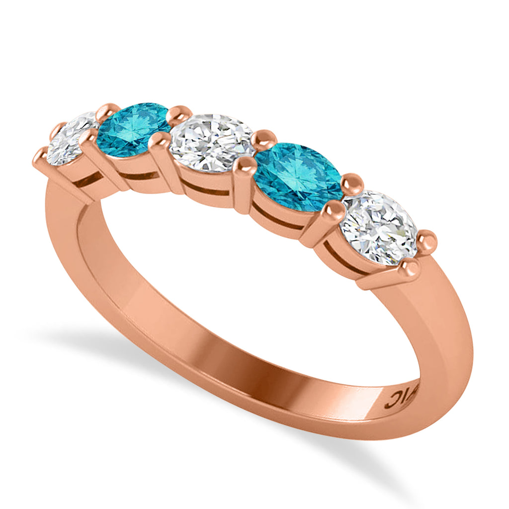 Oval Blue & White Diamond Five Stone Ring 14k Rose Gold (1.00ct)
