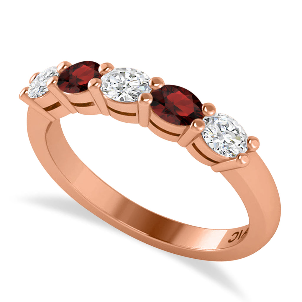Oval Diamond & Garnet Five Stone Ring 14k Rose Gold (1.00ct)