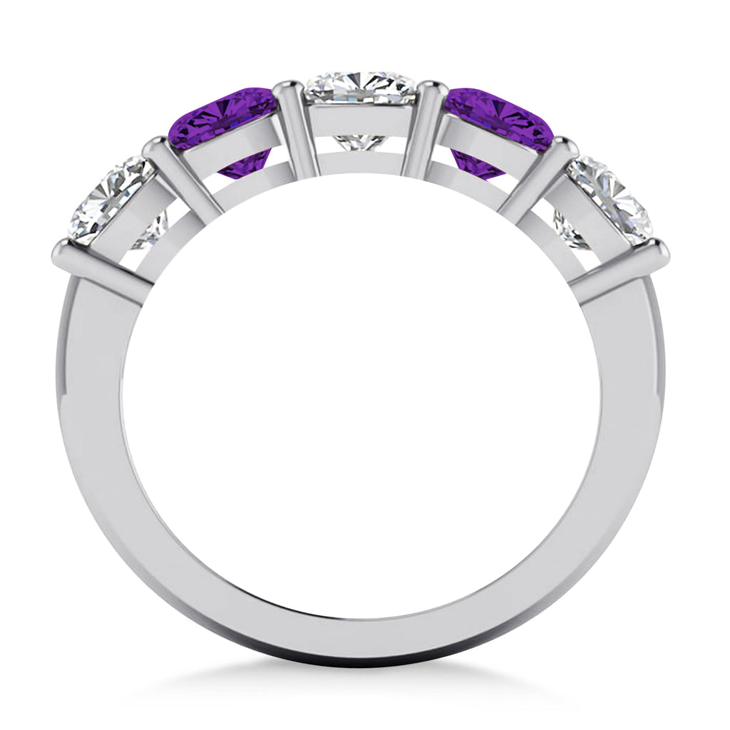 Cushion Diamond & Amethyst Five Stone Ring 14k White Gold (2.70ct)