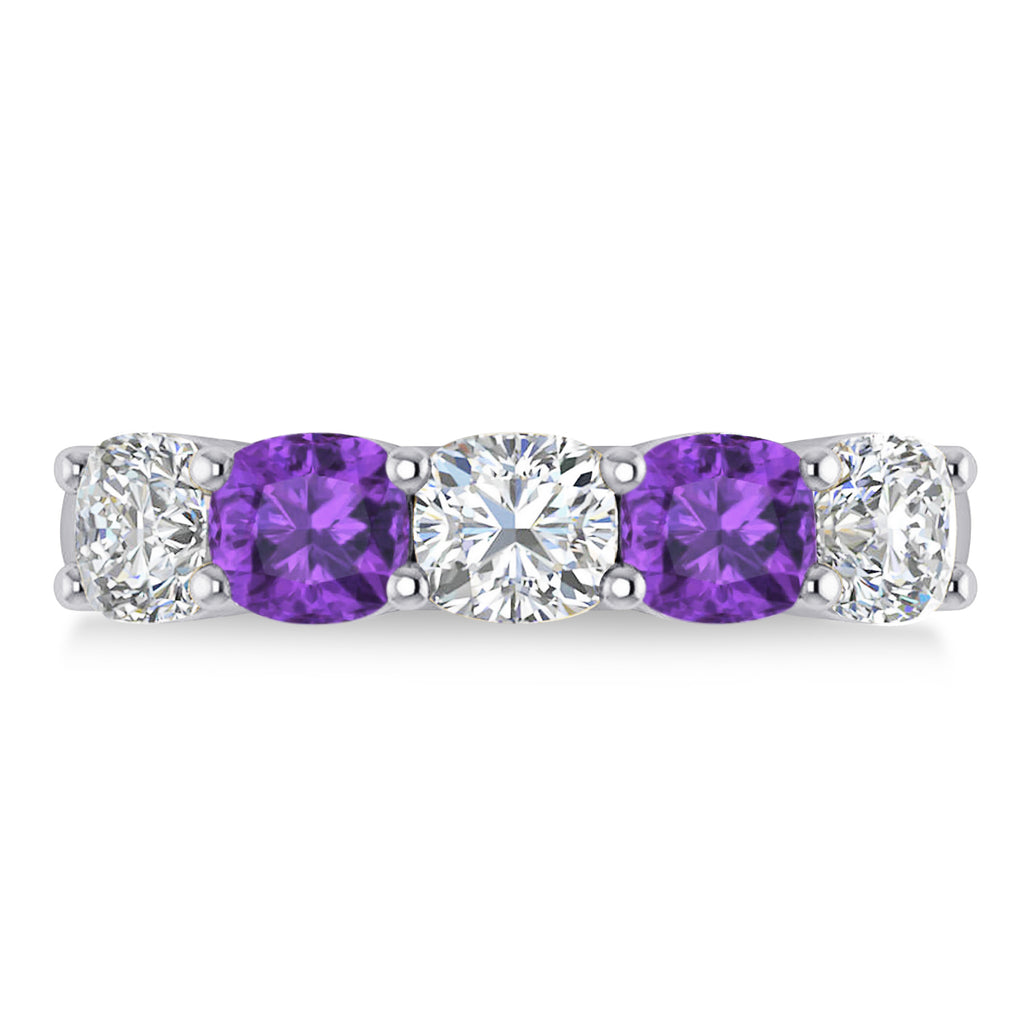 Cushion Diamond & Amethyst Five Stone Ring 14k White Gold (2.70ct)