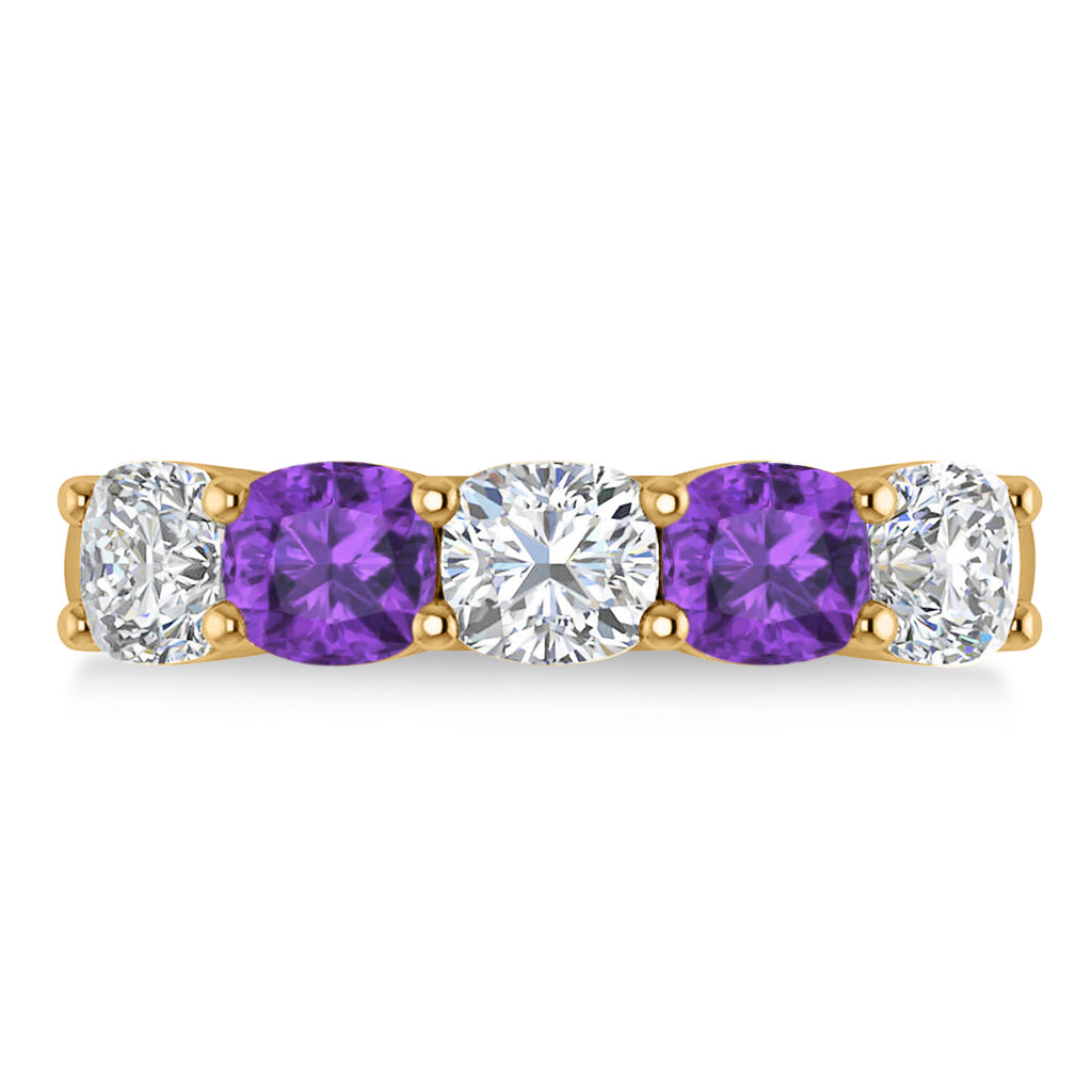 Cushion Diamond & Amethyst Five Stone Ring 14k Yellow Gold (2.70ct)