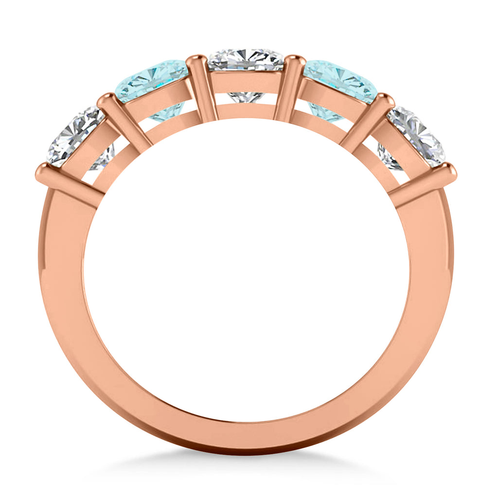 Cushion Diamond & Aquamarine Five Stone Ring 14k Rose Gold (2.70ct)