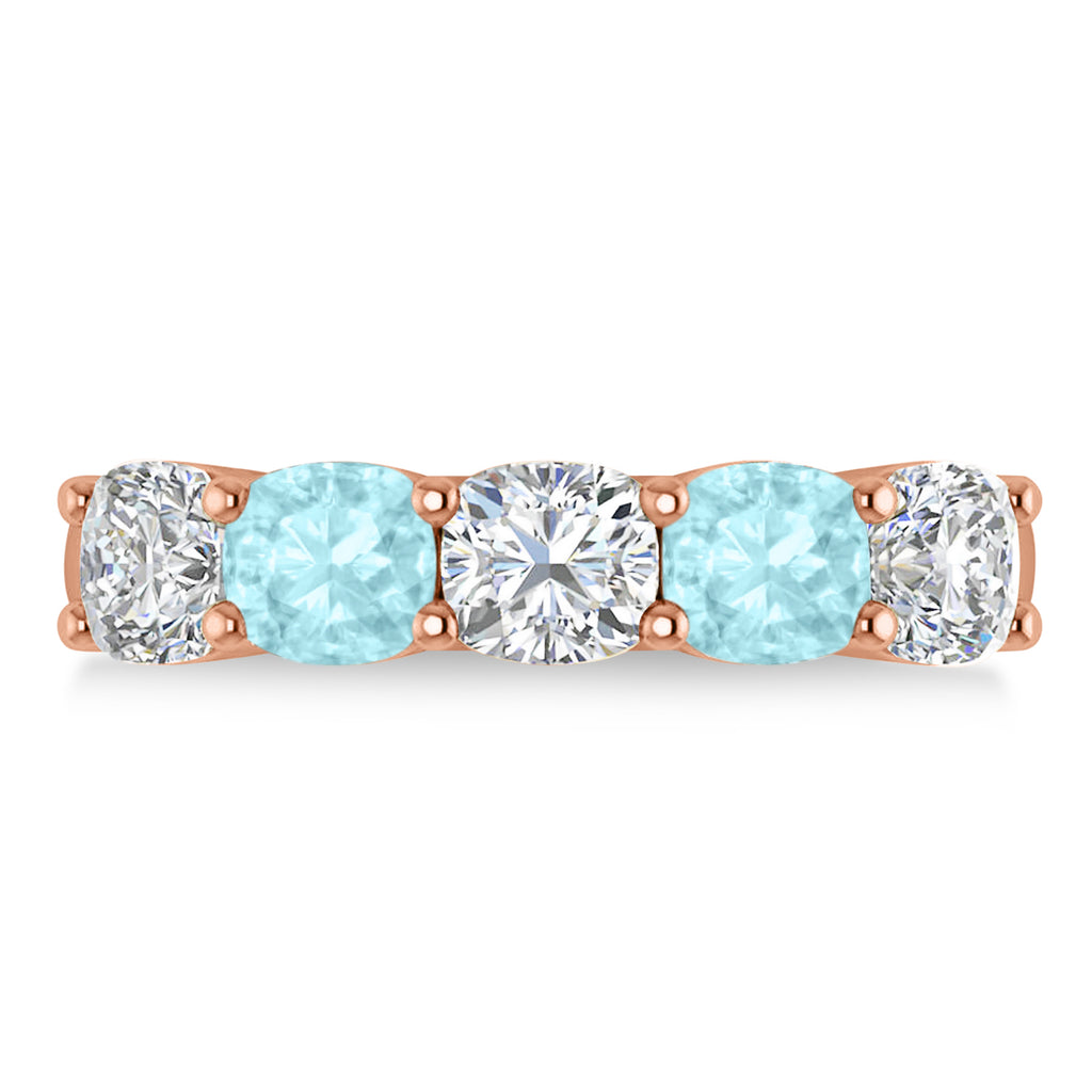 Cushion Diamond & Aquamarine Five Stone Ring 14k Rose Gold (2.70ct)