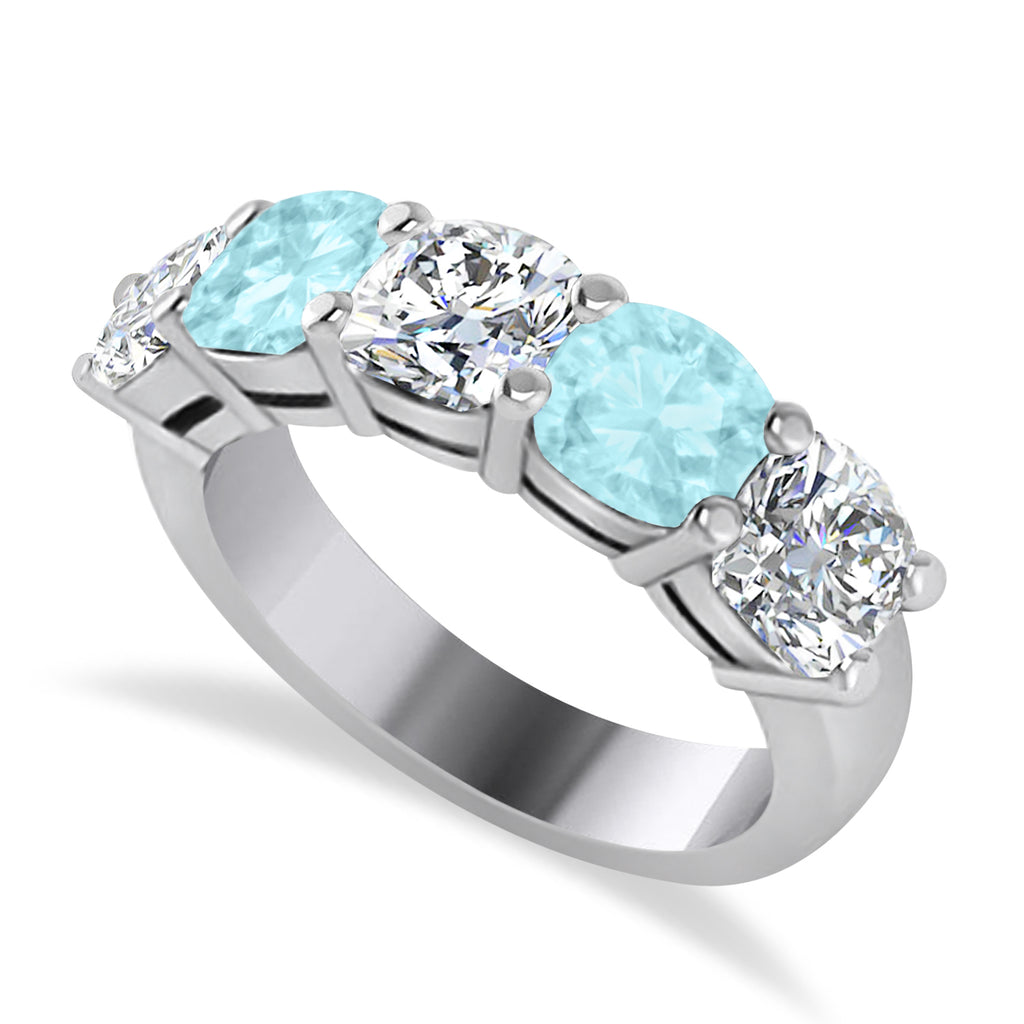 Cushion Diamond & Aquamarine Five Stone Ring 14k White Gold (2.70ct)