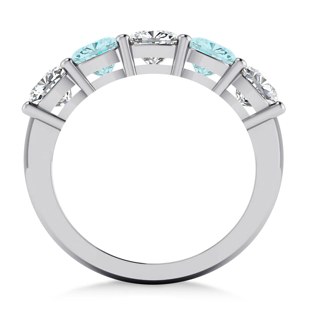 Cushion Diamond & Aquamarine Five Stone Ring 14k White Gold (2.70ct)
