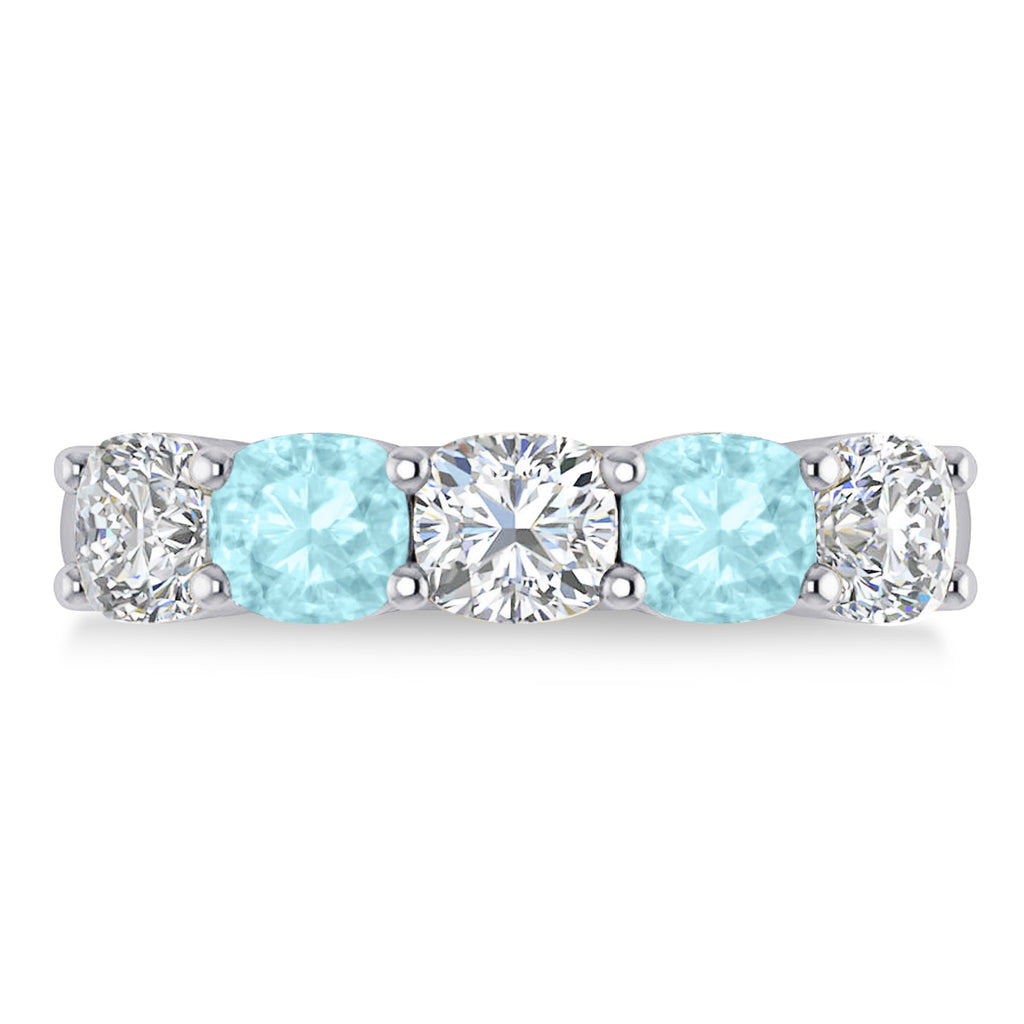 Cushion Diamond & Aquamarine Five Stone Ring 14k White Gold (2.70ct)