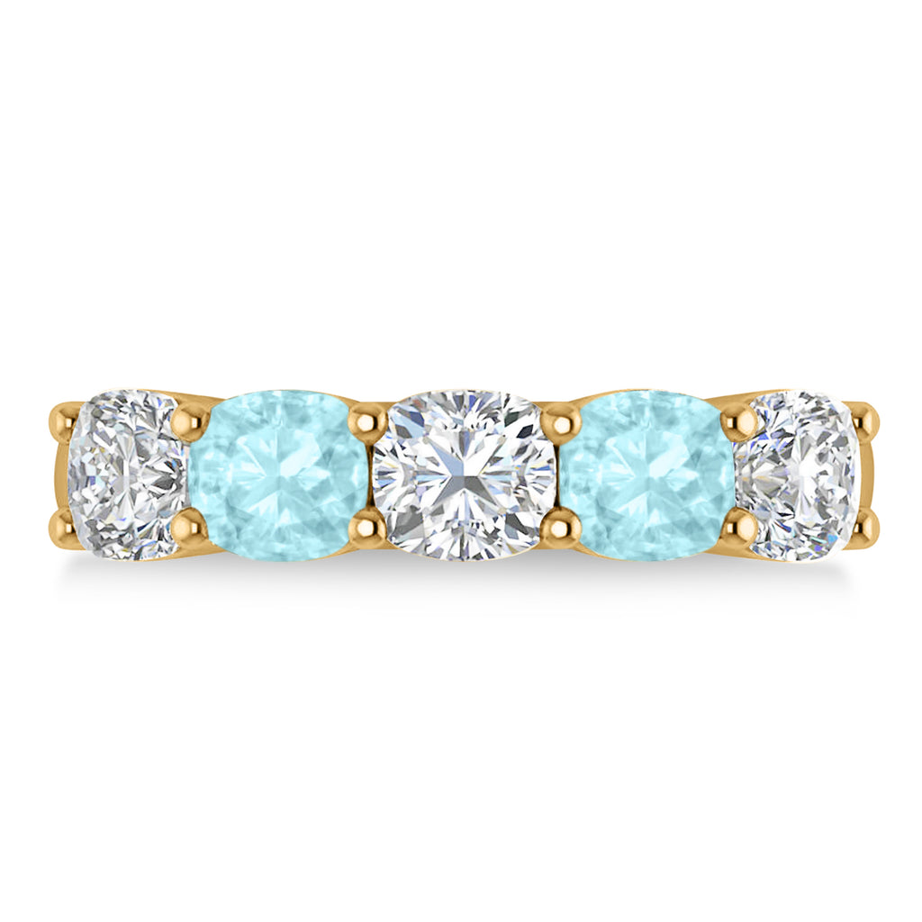 Cushion Diamond & Aquamarine Five Stone Ring 14k Yellow Gold (2.70ct)