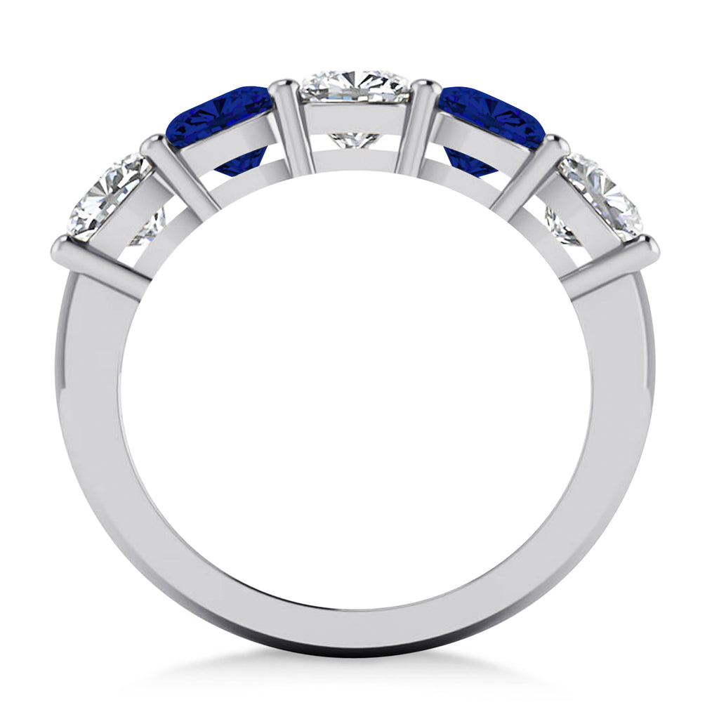 Cushion Diamond & Blue Sapphire Five Stone Ring 14k White Gold (2.70ct)