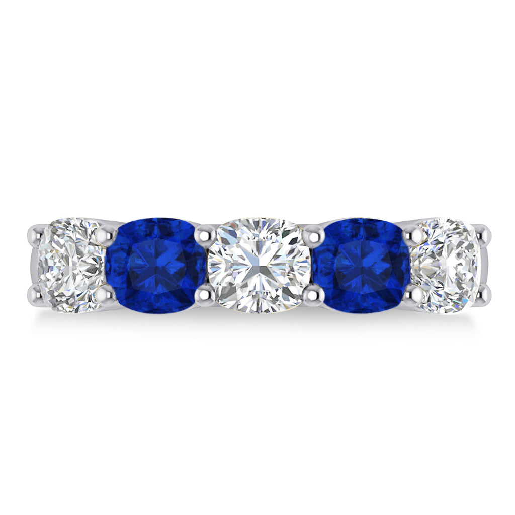 Cushion Diamond & Blue Sapphire Five Stone Ring 14k White Gold (2.70ct)