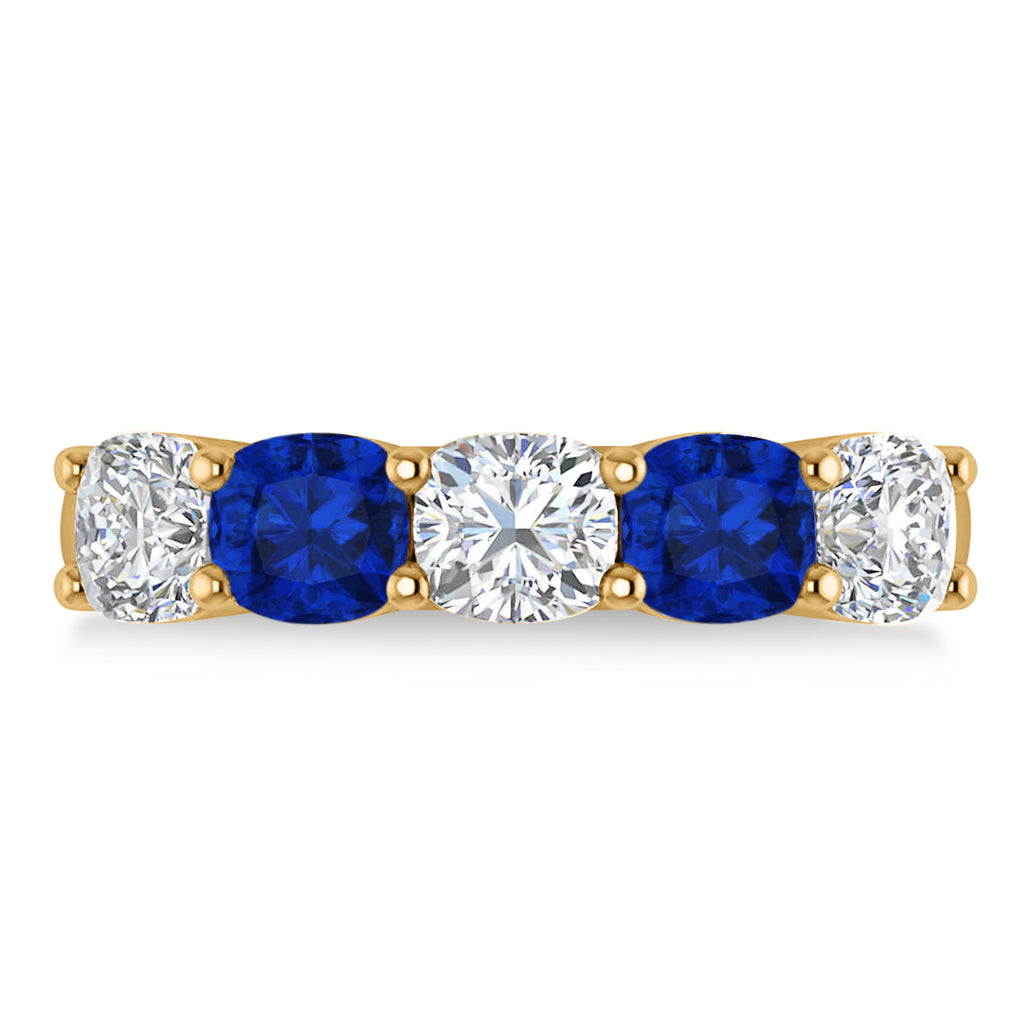 Cushion Diamond & Blue Sapphire Five Stone Ring 14k Yellow Gold (2.70ct)