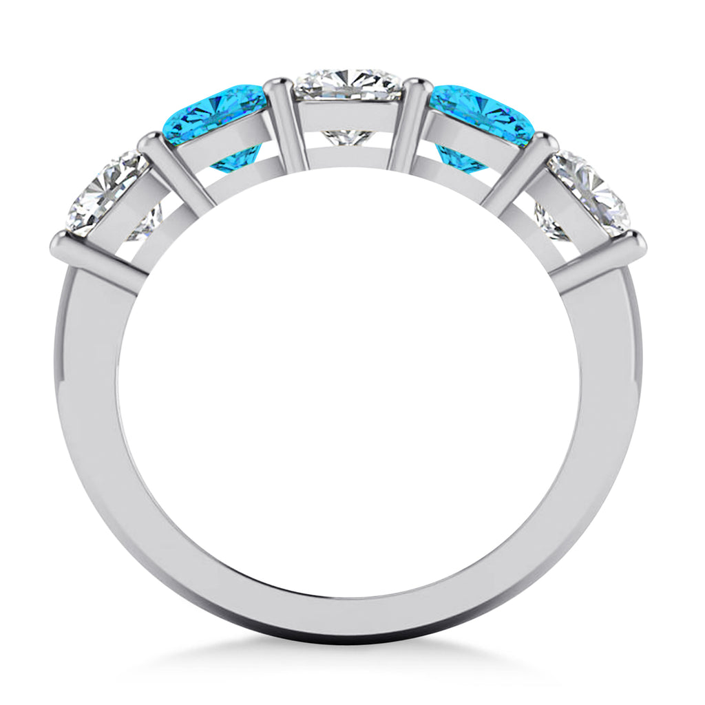 Cushion Diamond & Blue Topaz Five Stone Ring 14k White Gold (2.70ct)