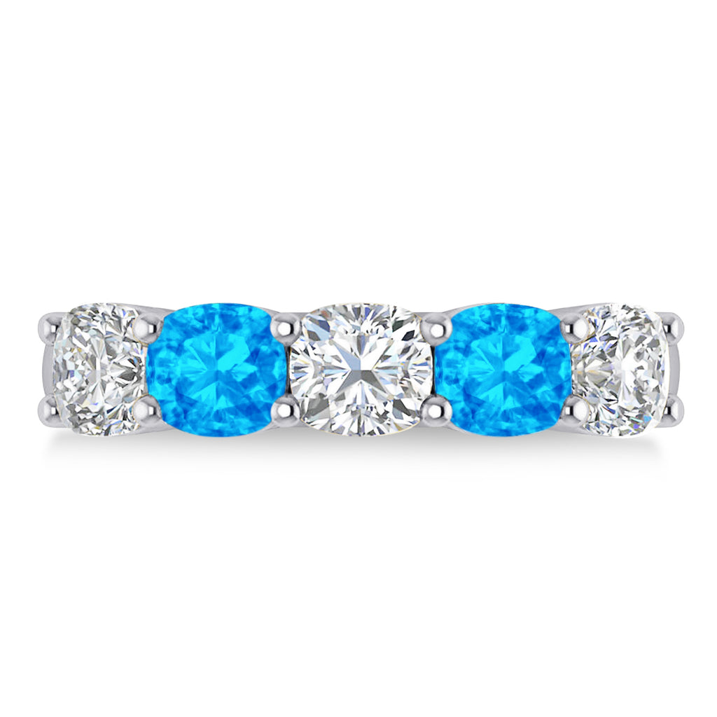 Cushion Diamond & Blue Topaz Five Stone Ring 14k White Gold (2.70ct)