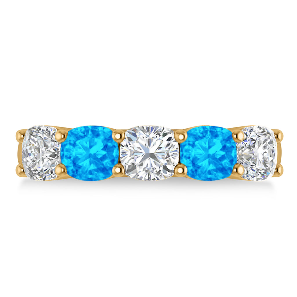 Cushion Diamond & Blue Topaz Five Stone Ring 14k Yellow Gold (2.70ct)
