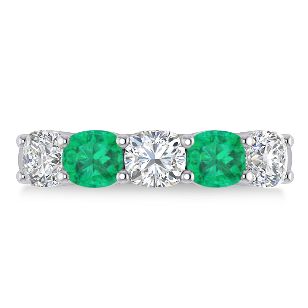 Cushion Diamond & Emerald Five Stone Ring 14k White Gold (2.70ct)