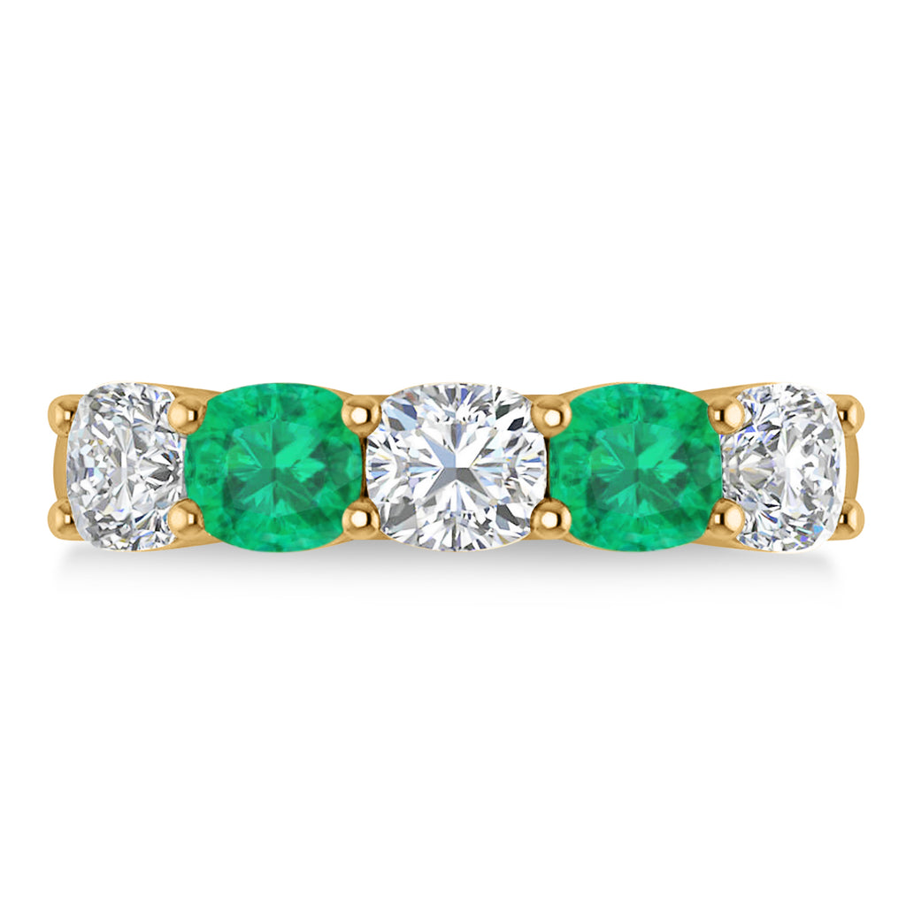 Cushion Diamond & Emerald Five Stone Ring 14k Yellow Gold (2.70ct)