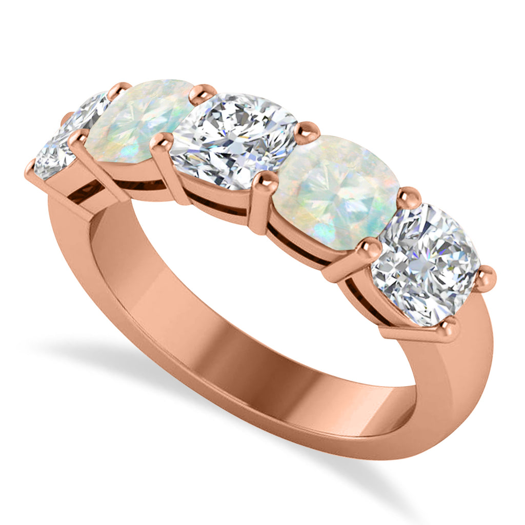 Cushion Diamond & Opal Five Stone Ring 14k Rose Gold (2.70ct)