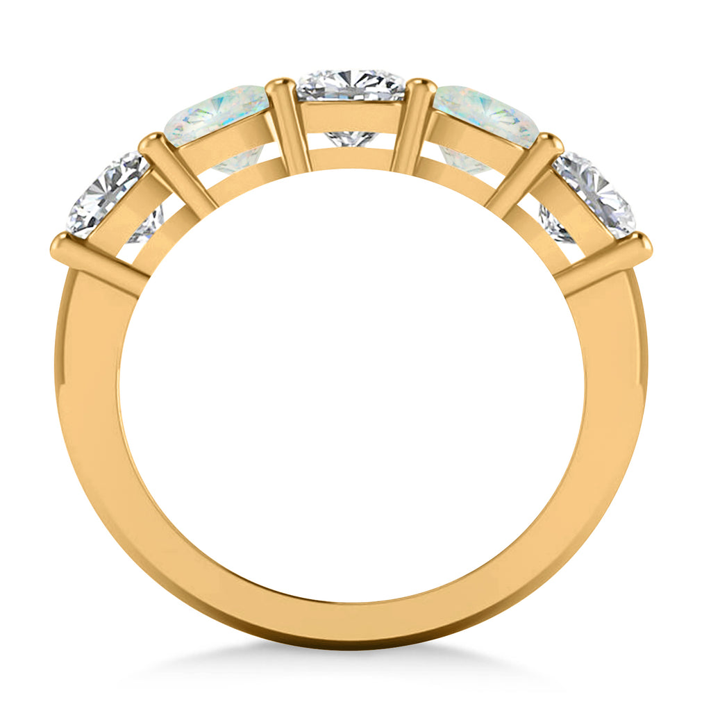 Cushion Diamond & Opal Five Stone Ring 14k Yellow Gold (2.70ct)