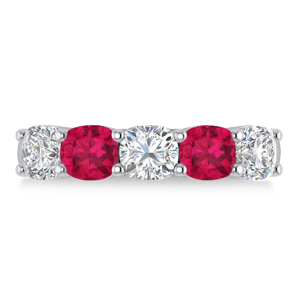 Cushion Diamond & Ruby Five Stone Ring 14k White Gold (2.70ct)