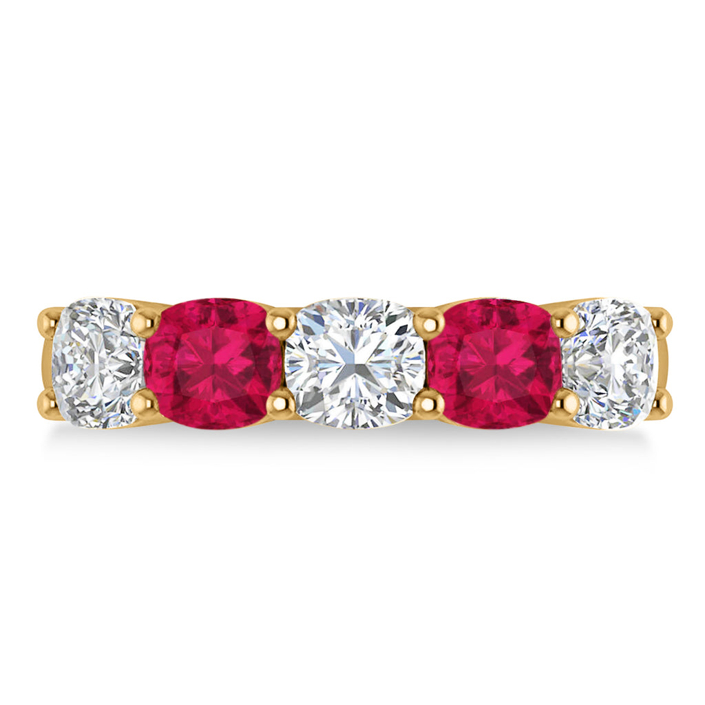 Cushion Diamond & Ruby Five Stone Ring 14k Yellow Gold (2.70ct)