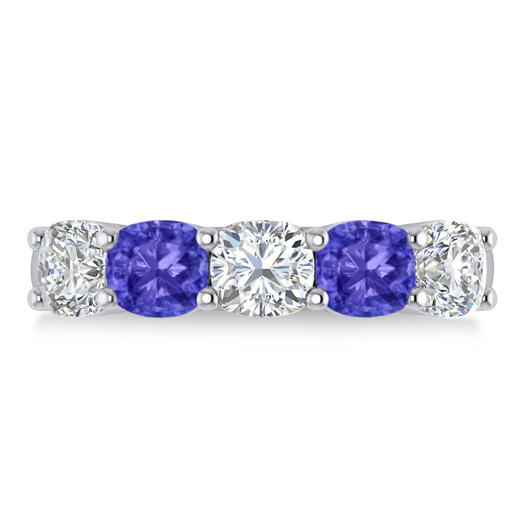Cushion Diamond & Tanzanite Five Stone Ring 14k White Gold (2.70ct)