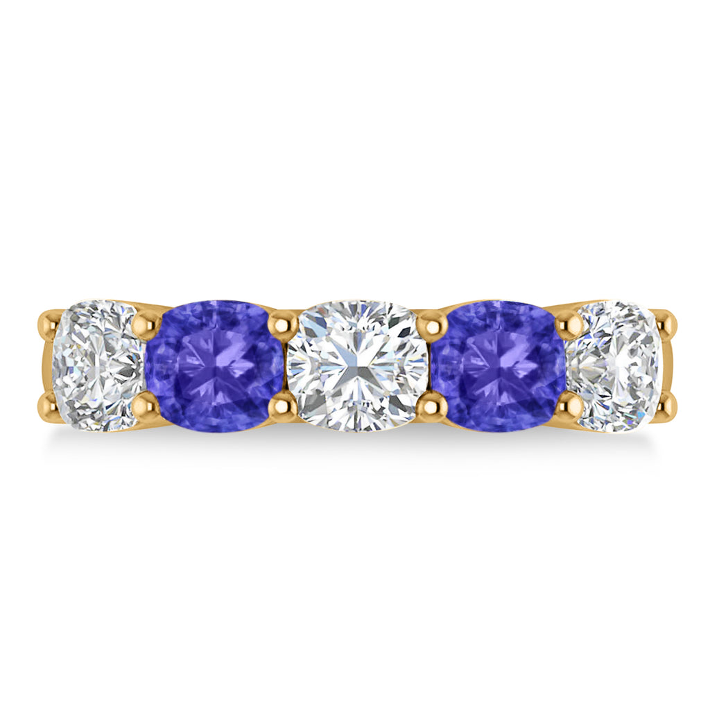 Cushion Diamond & Tanzanite Five Stone Ring 14k Yellow Gold (2.70ct)