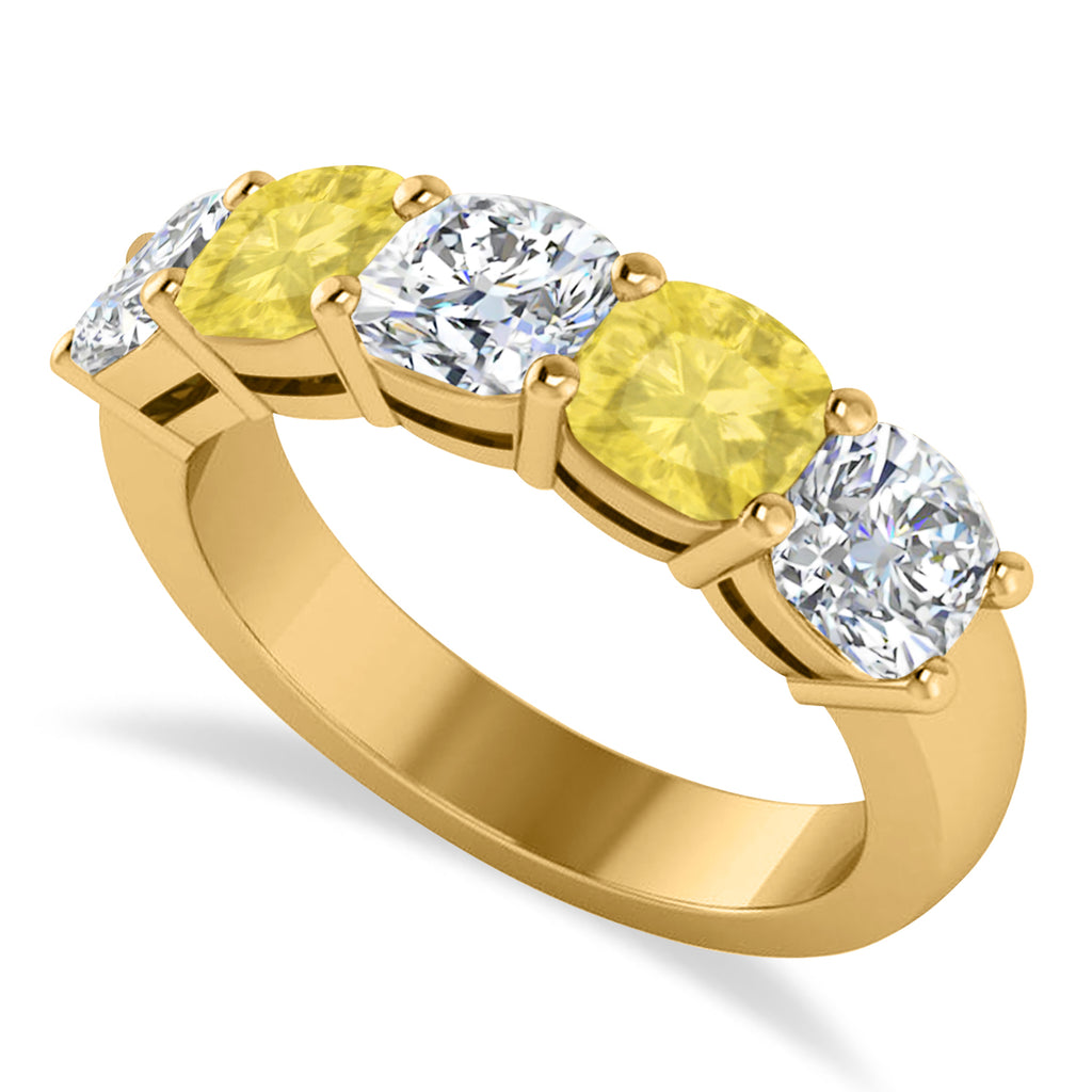 Cushion Yellow & White Diamond Five Stone Ring 14k Yellow Gold (2.50ct)
