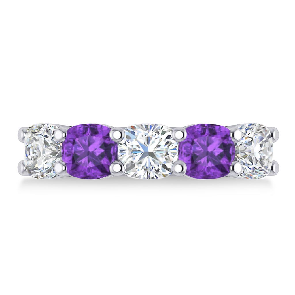 Cushion Diamond & Amethyst Five Stone Ring 14k White Gold (4.05ct)